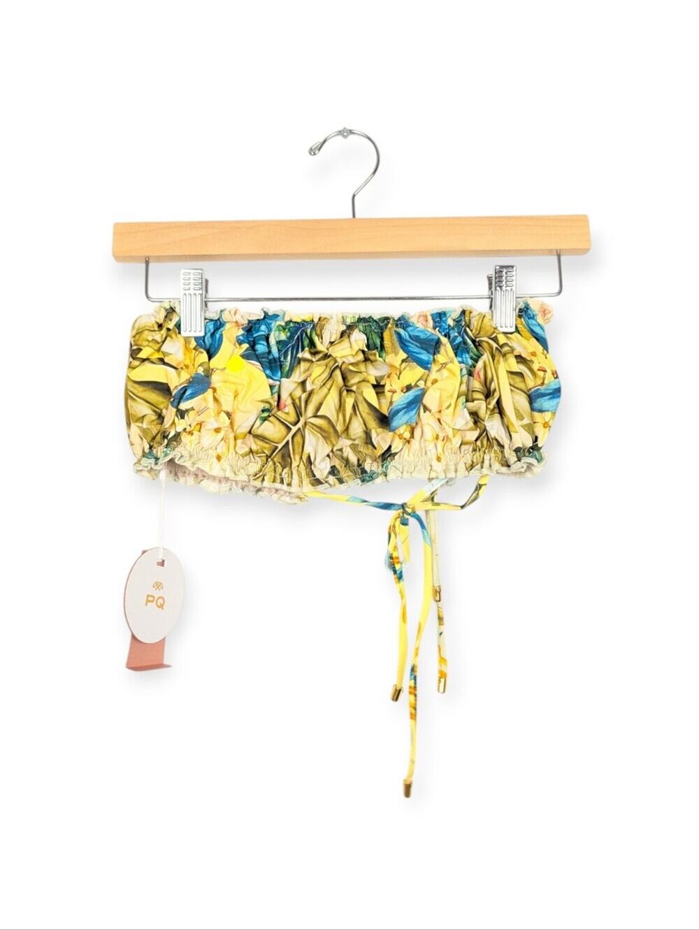 PQ Swim Bandeau Bikini Top M Yellow Blue Oasis Remi Ruched Strapless Swim NWT